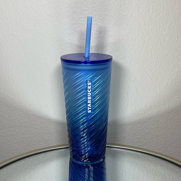 Starbucks Ombre Blue Diagonal Sheen Swirl Glass Tumbler - Picture 2 of 5
